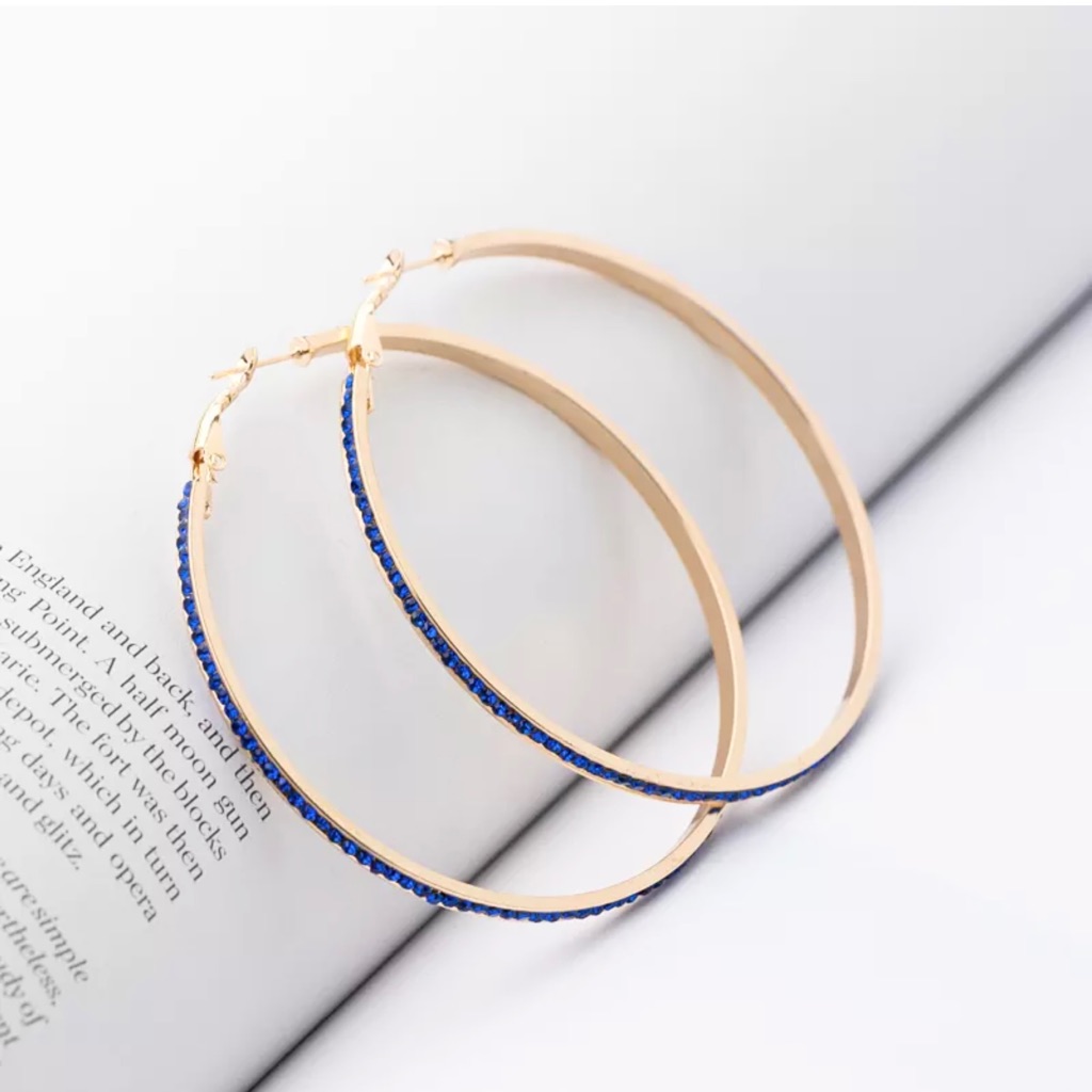 Large Thin 14k Gp Royal Blue Cz Hoop Earrings Nwt